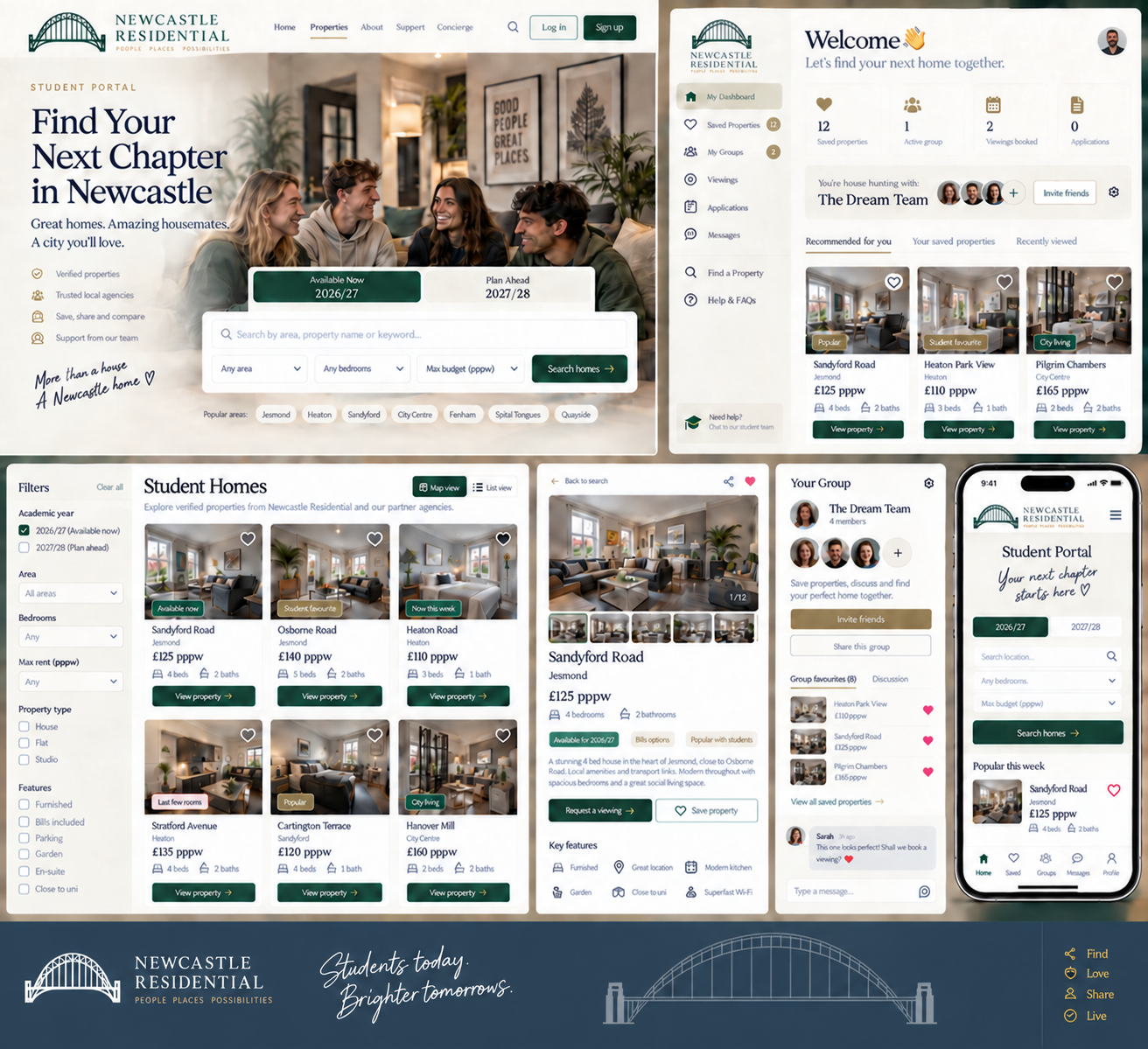 Design concept showing the proposed Newcastle Residential student property portal on desktop and mobile